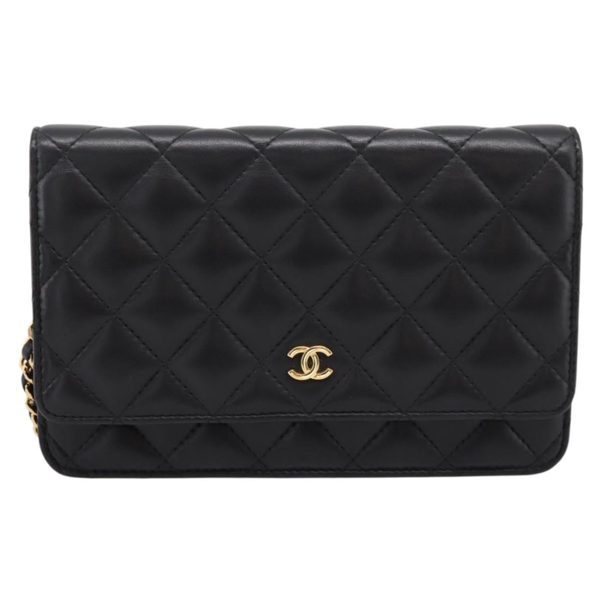CHANEL Matelasse Chain Shoulder Wallet Lamb Skin Black Gold CC Auth BA15844SAM