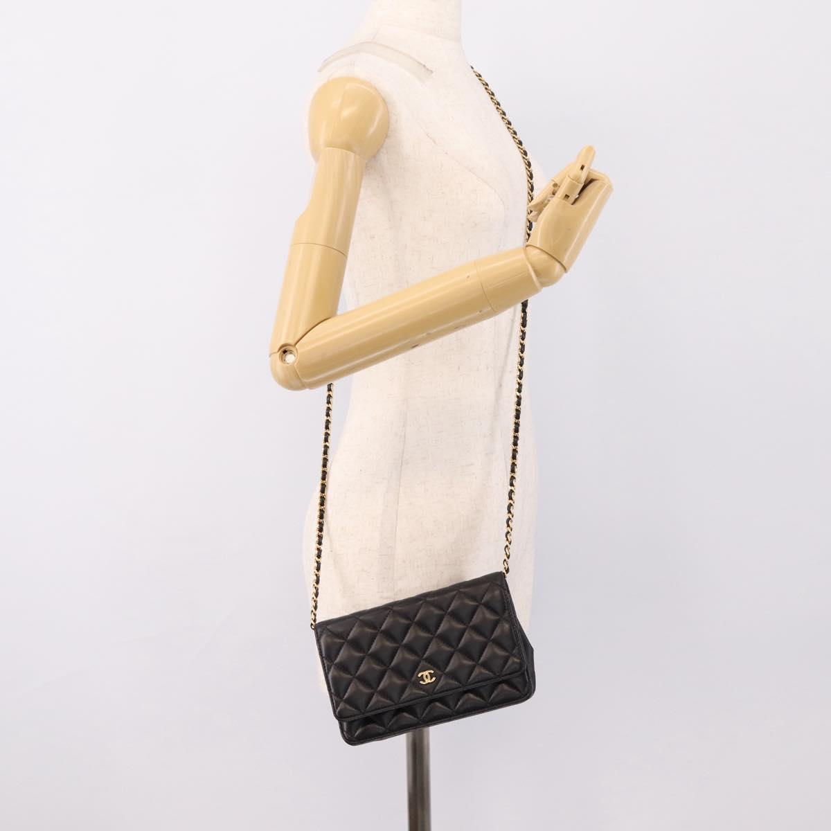 CHANEL Matelasse Chain Shoulder Wallet Lamb Skin Black Gold CC Auth BA15844SAM