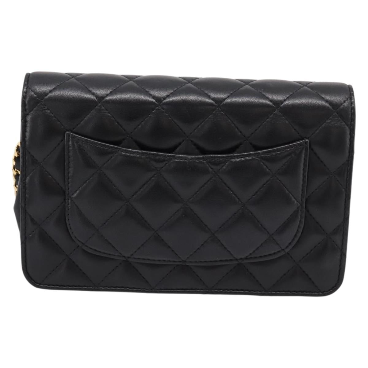 CHANEL Matelasse Chain Shoulder Wallet Lamb Skin Black Gold CC Auth BA15844SAM