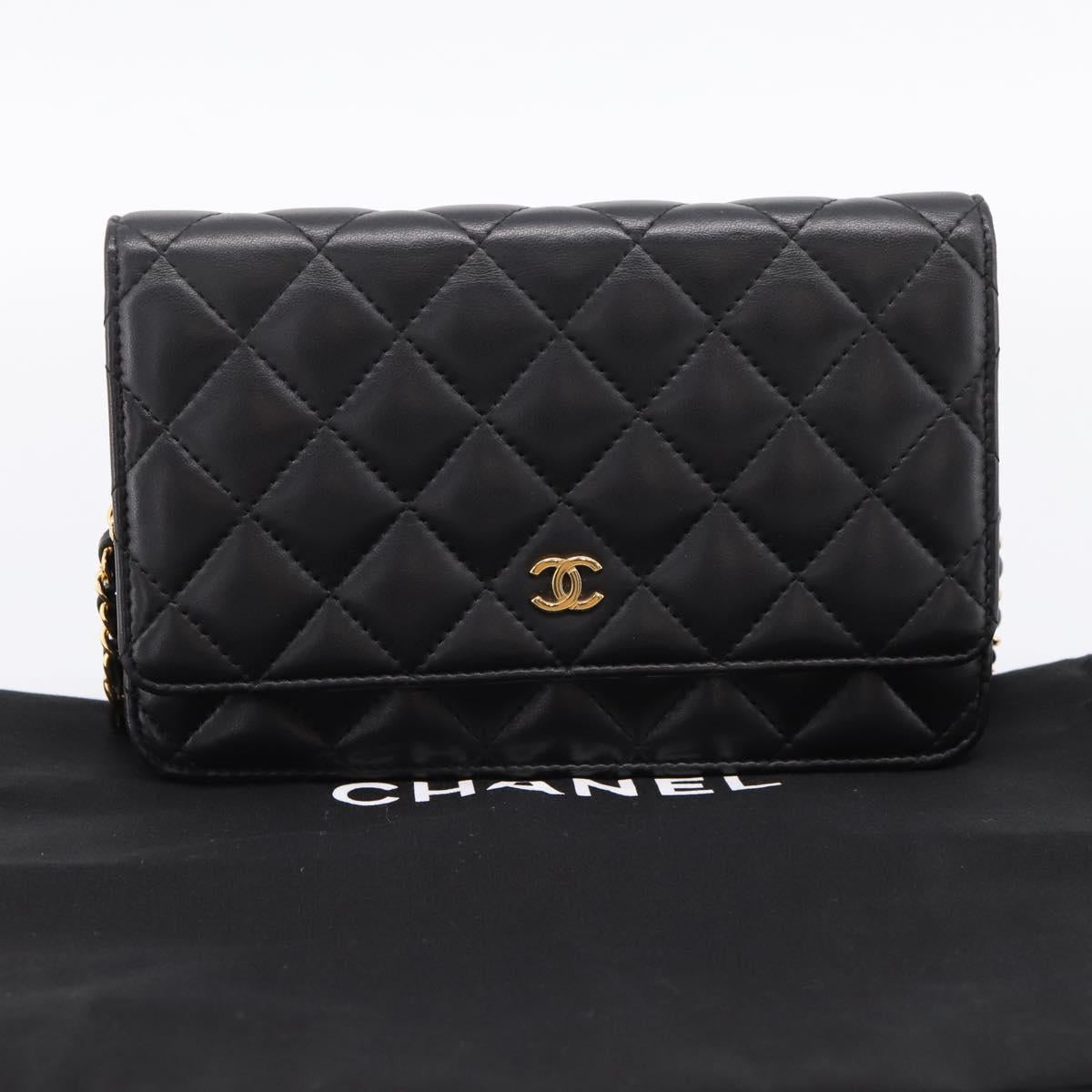 CHANEL Matelasse Chain Shoulder Wallet Lamb Skin Black Gold CC Auth BA15844SAM