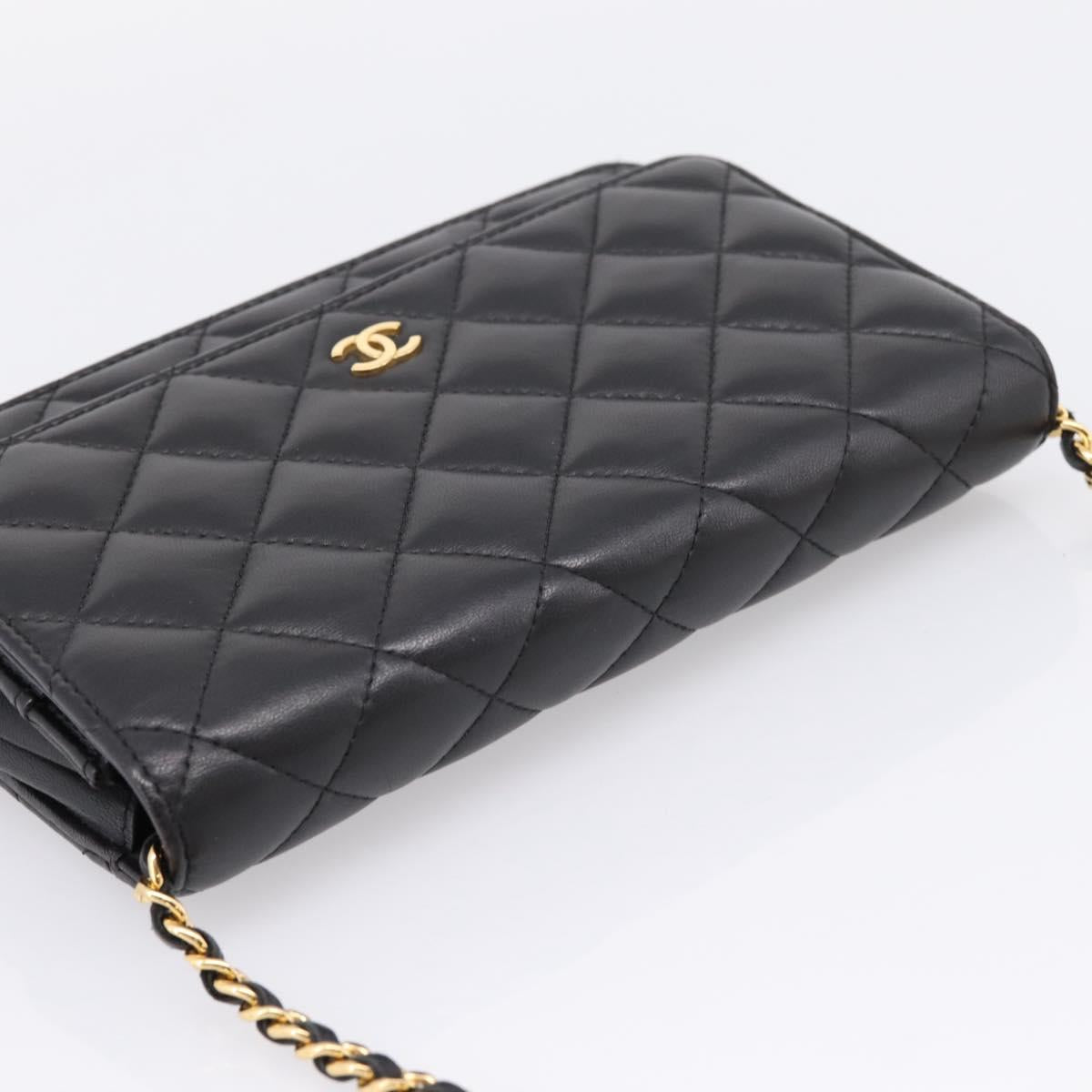 CHANEL Matelasse Chain Shoulder Wallet Lamb Skin Black Gold CC Auth BA15844SAM