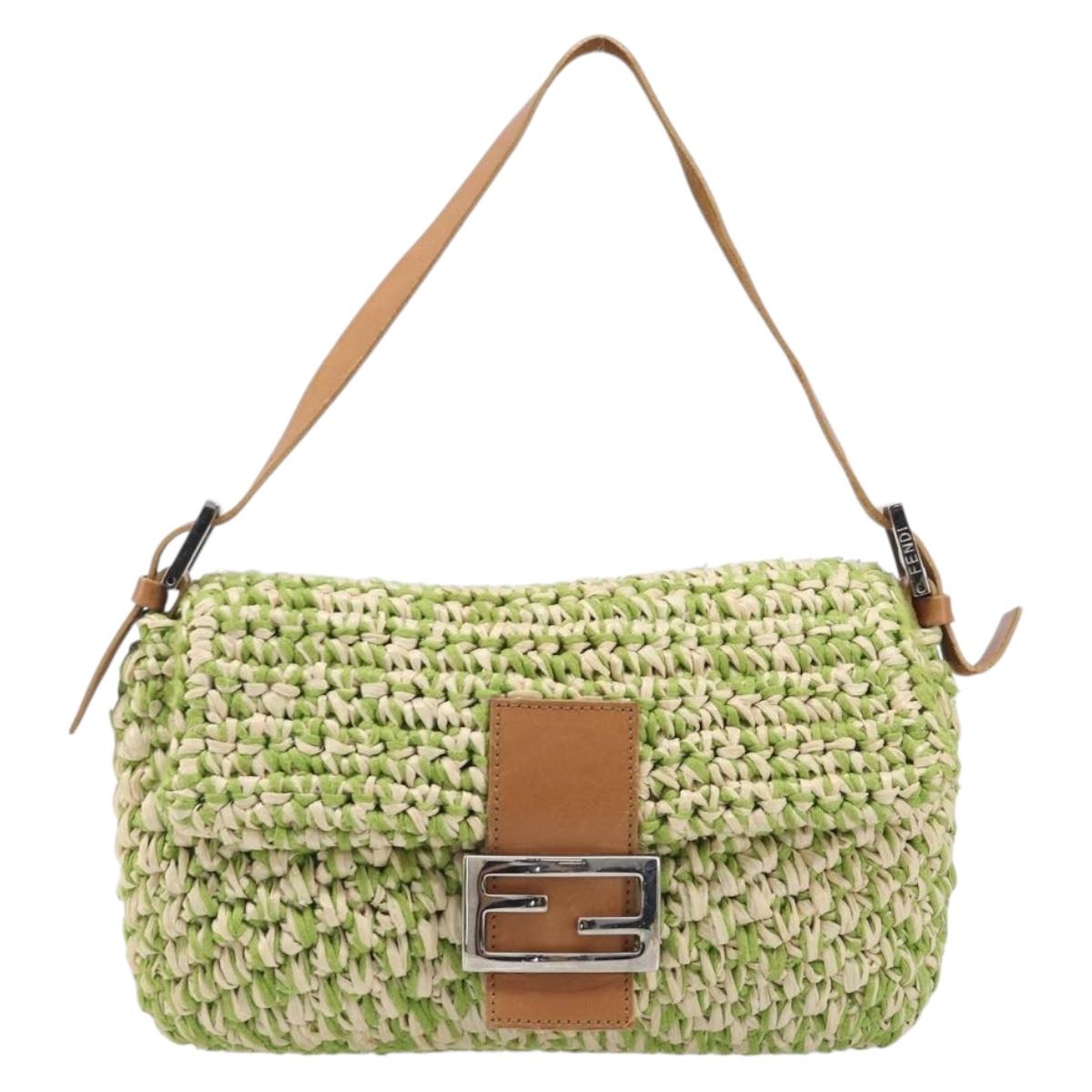 FENDI Mamma Baguette Shoulder Bag straw Green Silver Auth BA15846SAV
