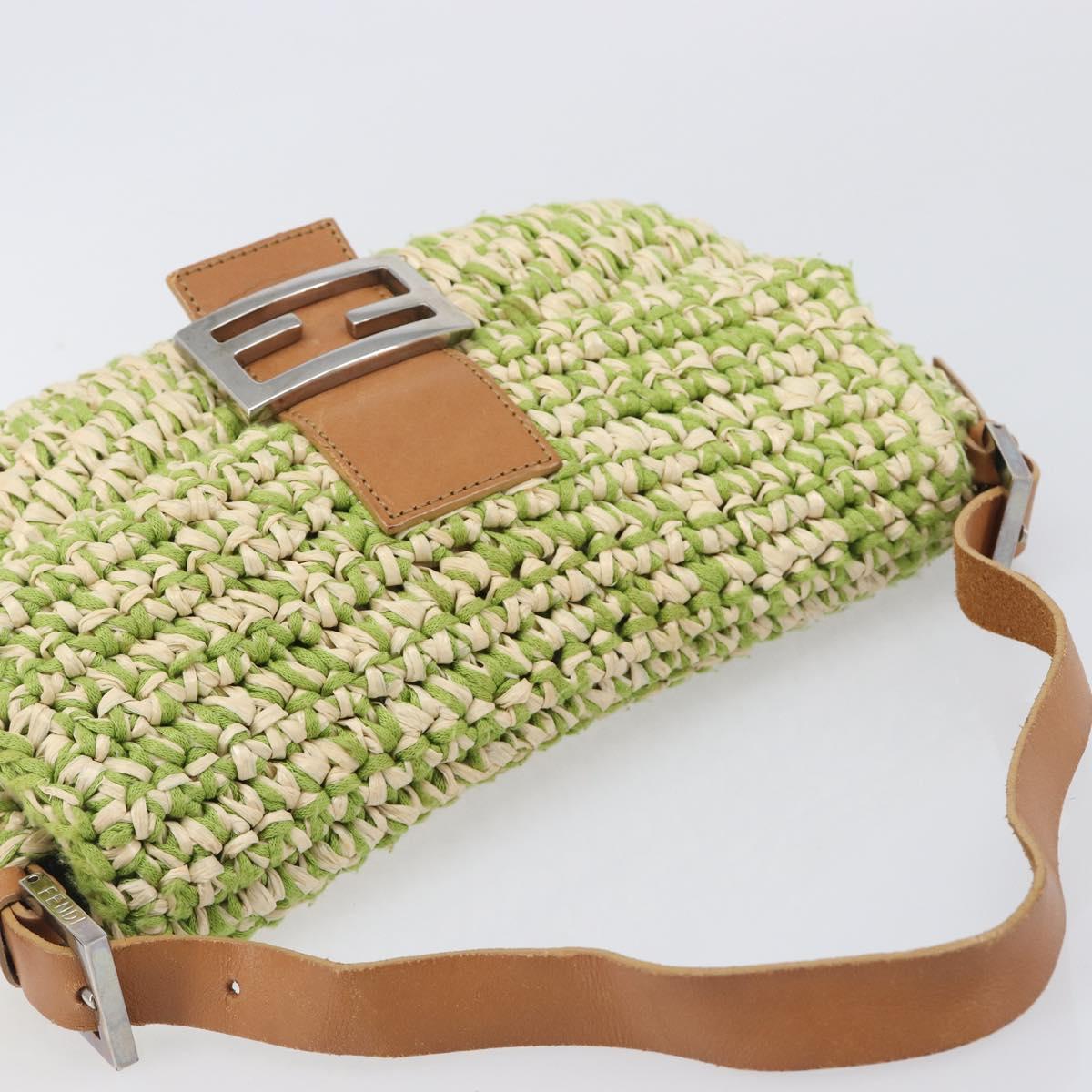 FENDI Mamma Baguette Shoulder Bag straw Green Silver Auth BA15846SAV