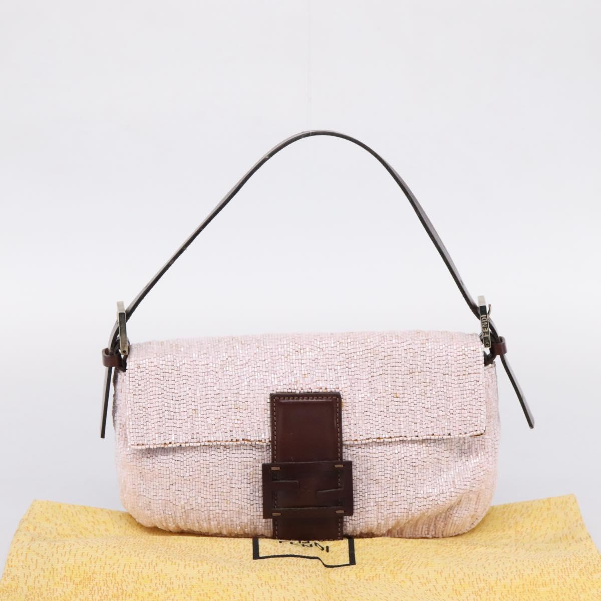 FENDI Mamma Baguette Shoulder Bag Beads Pink Silver Auth BA15851SAV
