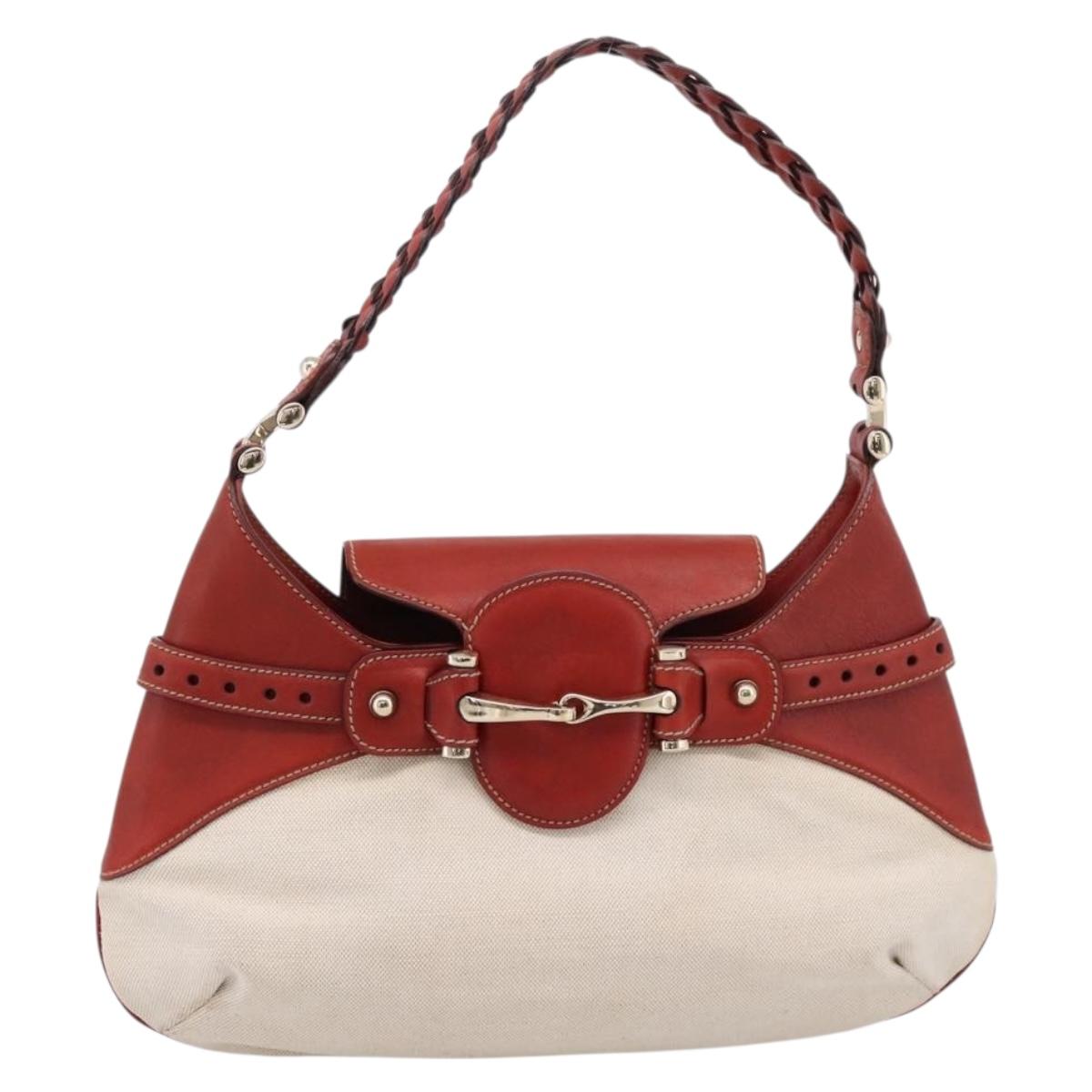 GUCCI Horsebit Shoulder Bag Canvas Ivory Gold 137592 Auth BA15852A