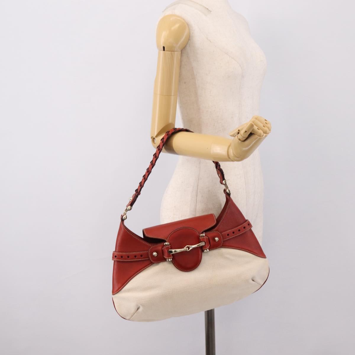 GUCCI Horsebit Shoulder Bag Canvas Ivory Gold 137592 Auth BA15852A