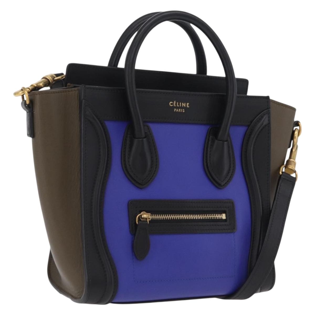 CELINE Luggage Nano Hand Bag Leather 2way Blue Gold Auth BA15855M