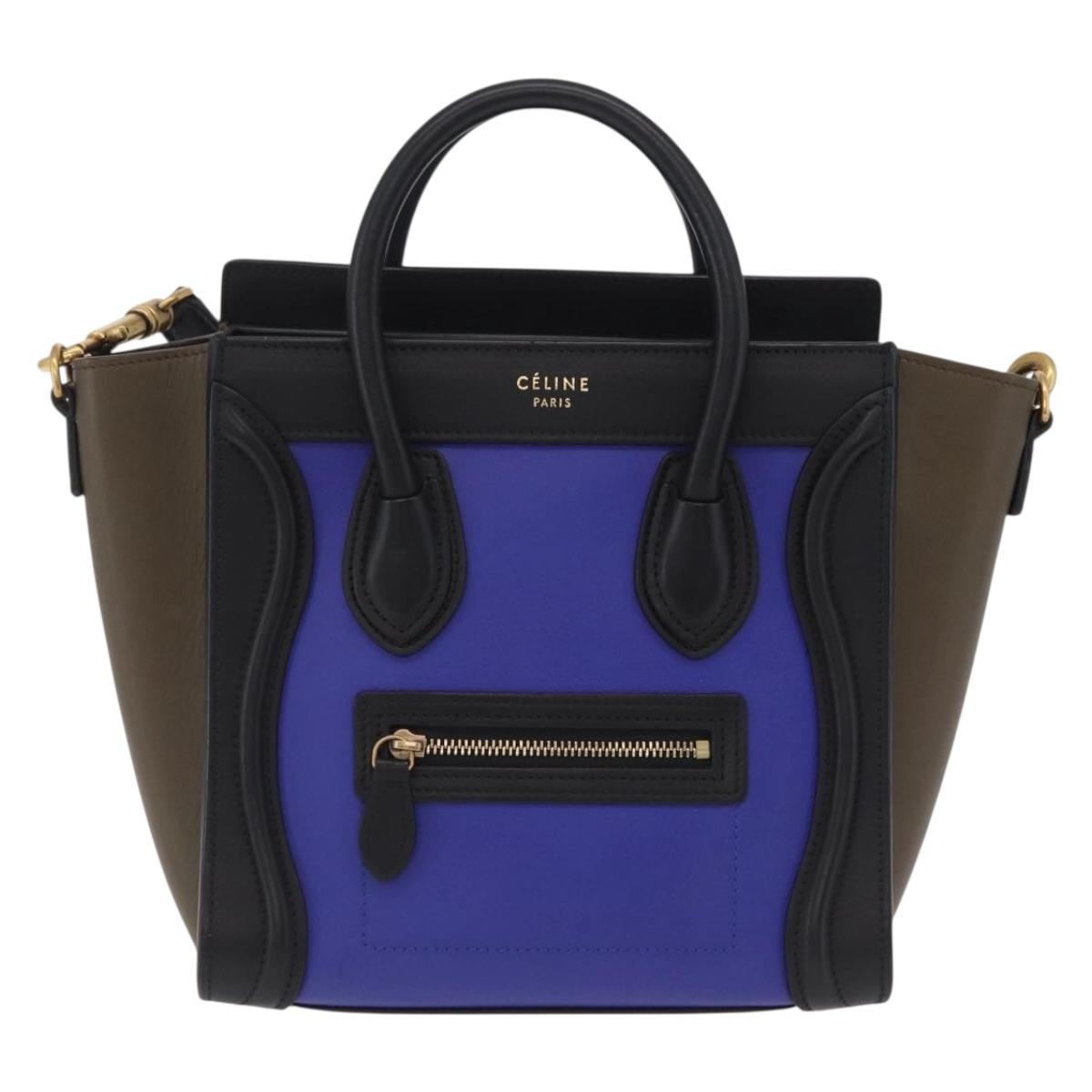 CELINE Luggage Nano Hand Bag Leather 2way Blue Gold Auth BA15855M