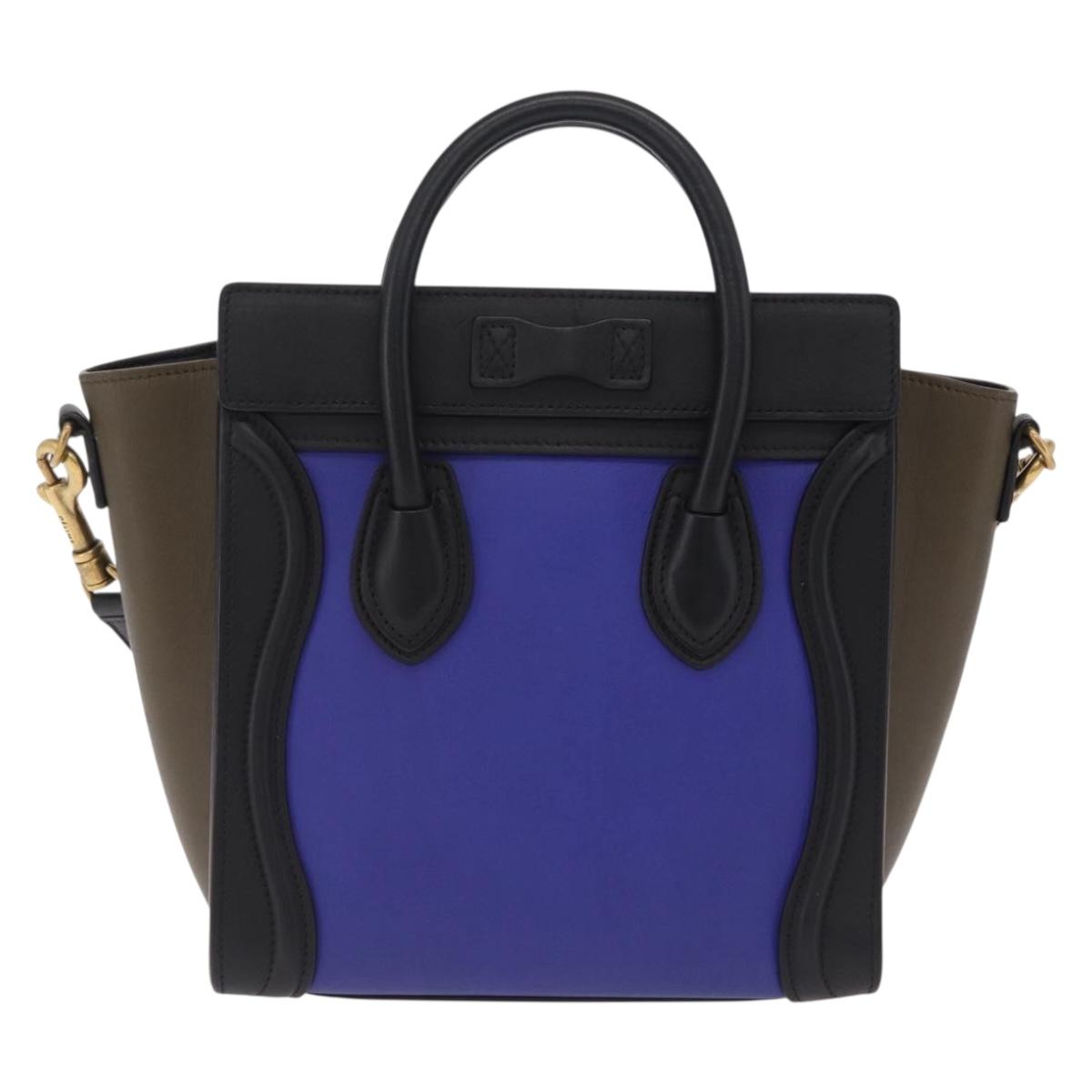 CELINE Luggage Nano Hand Bag Leather 2way Blue Gold Auth BA15855M