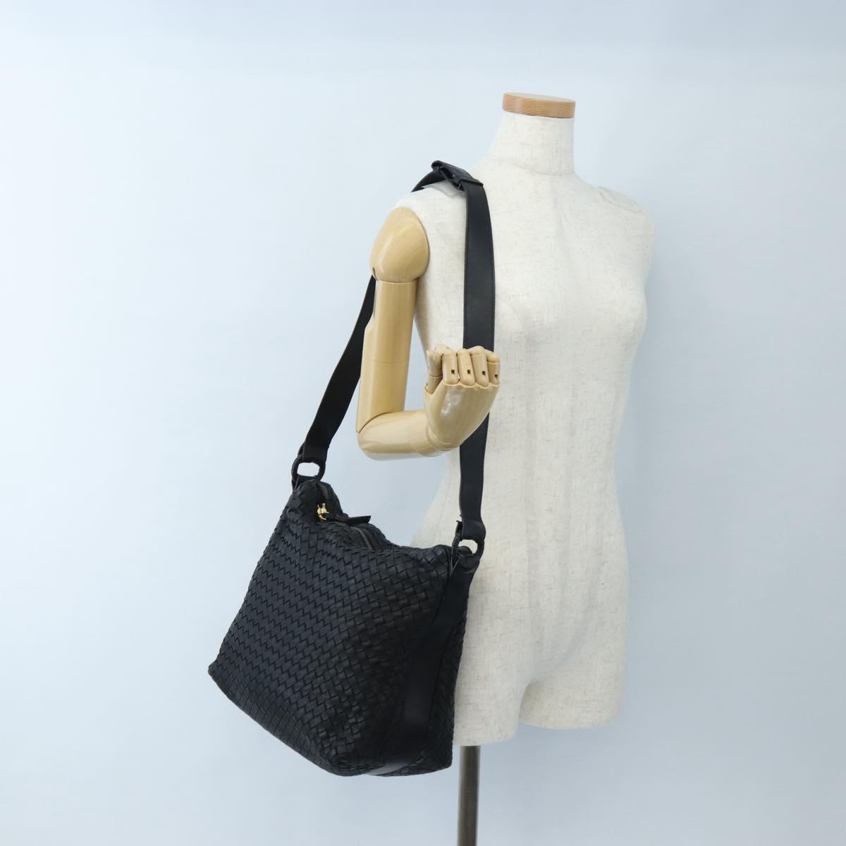 Bottega Veneta INTRECCIATO Shoulder Bag Leather Black Gold 115658 Auth BA15872