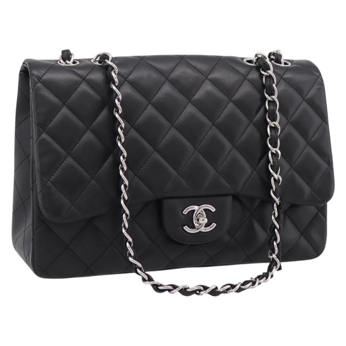 CHANEL Big Matelasse30 Chain Bag Lamb Skin Black Silver CC Auth BA15881SAM