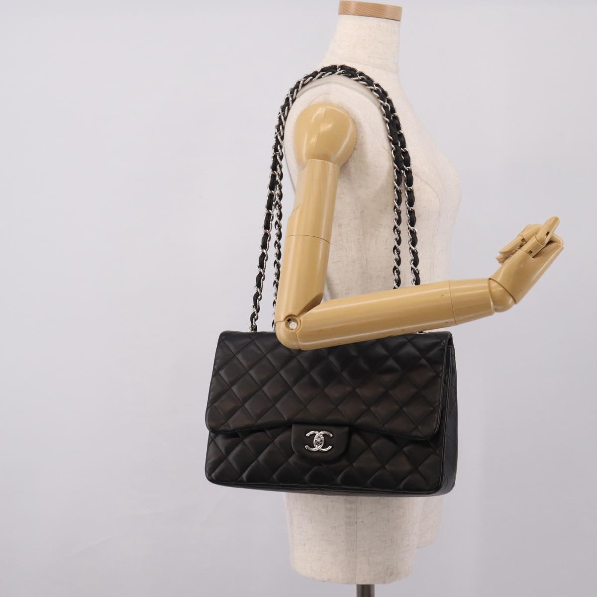 CHANEL Big Matelasse30 Chain Bag Lamb Skin Black Silver CC Auth BA15881SAM