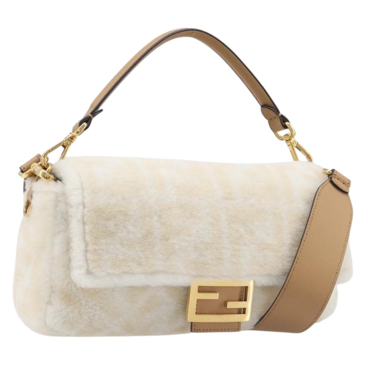FENDI Zucca Canvas Mamma Baguette Shoulder Bag Fur 2way White Gold Auth BA15885M