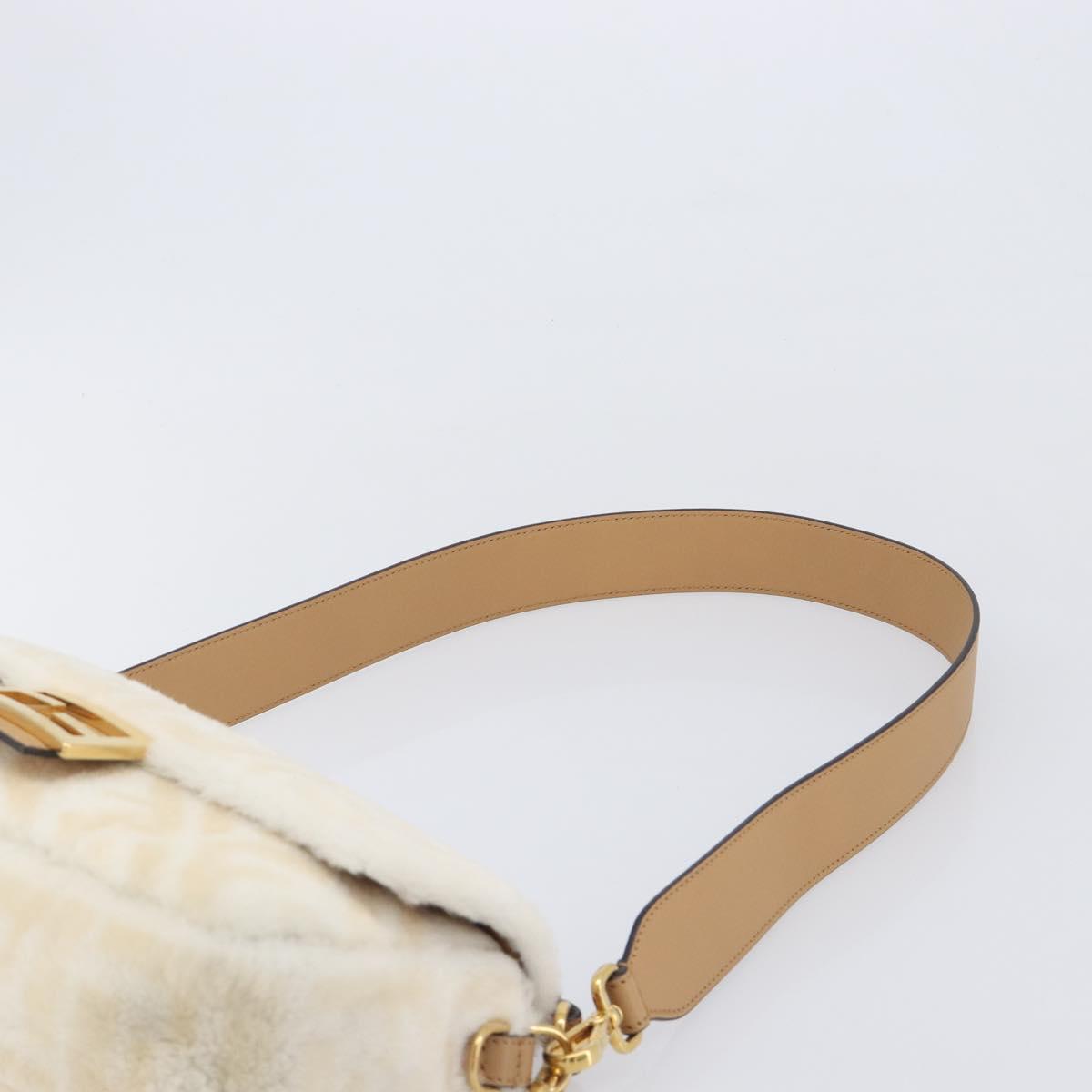 FENDI Zucca Canvas Mamma Baguette Shoulder Bag Fur 2way White Gold Auth BA15885M