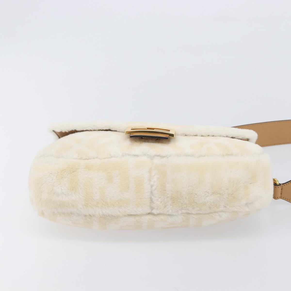 FENDI Zucca Canvas Mamma Baguette Shoulder Bag Fur 2way White Gold Auth BA15885M