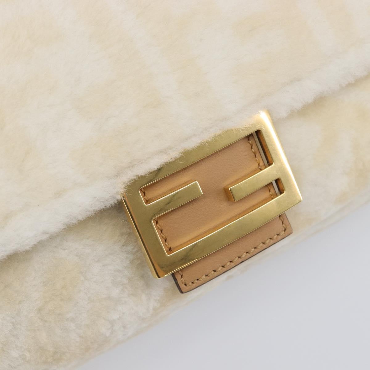 FENDI Zucca Canvas Mamma Baguette Shoulder Bag Fur 2way White Gold Auth BA15885M