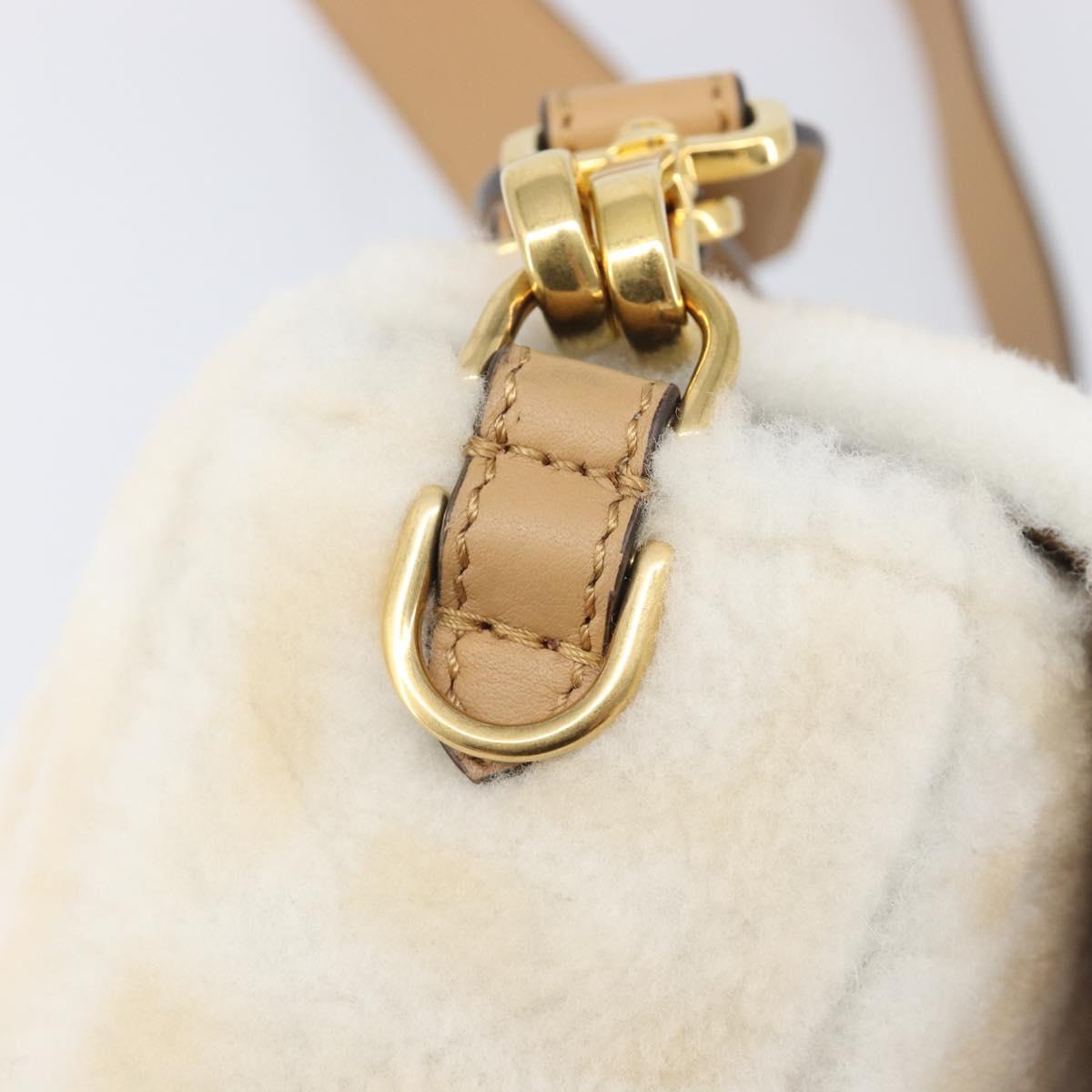 FENDI Zucca Canvas Mamma Baguette Shoulder Bag Fur 2way White Gold Auth BA15885M