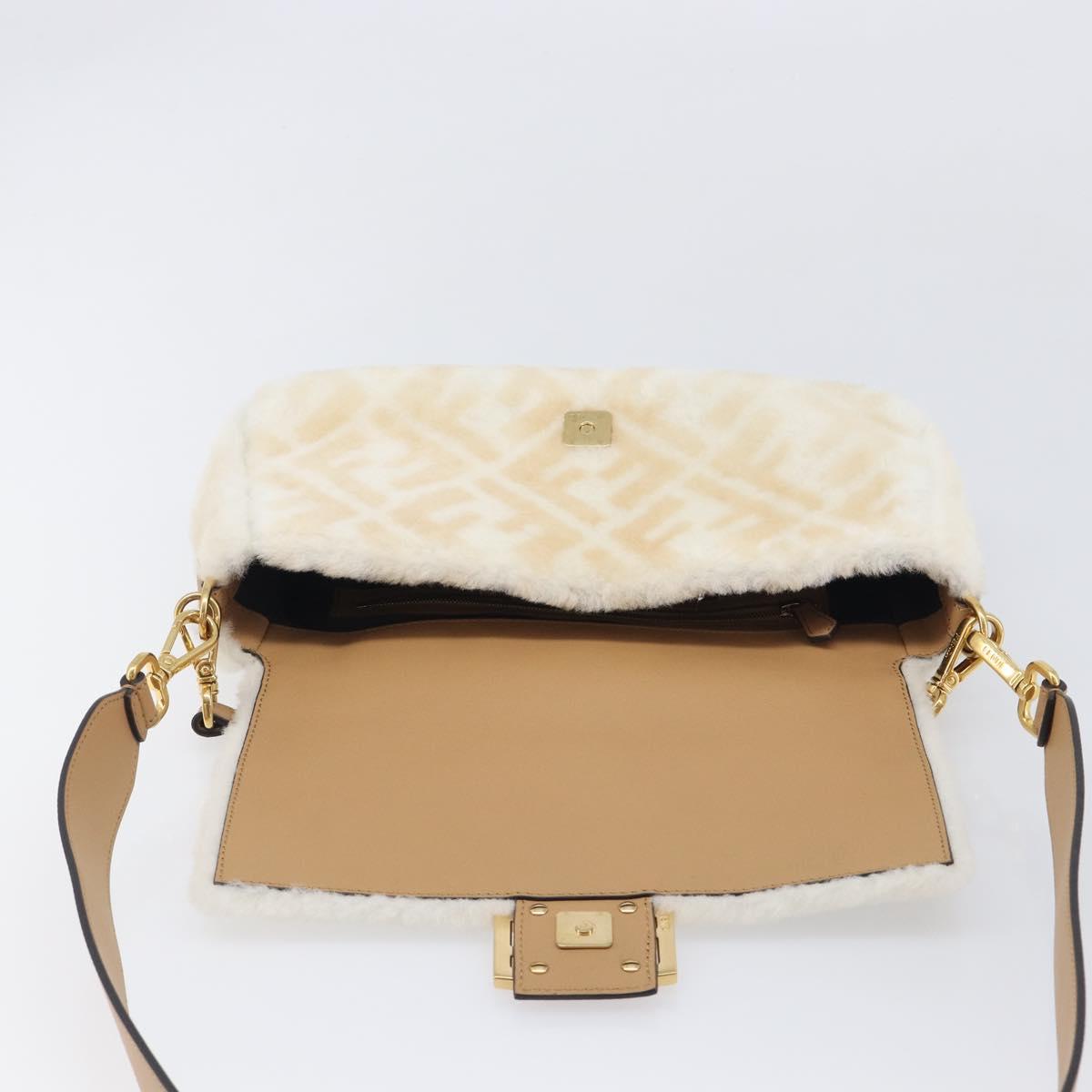 FENDI Zucca Canvas Mamma Baguette Shoulder Bag Fur 2way White Gold Auth BA15885M