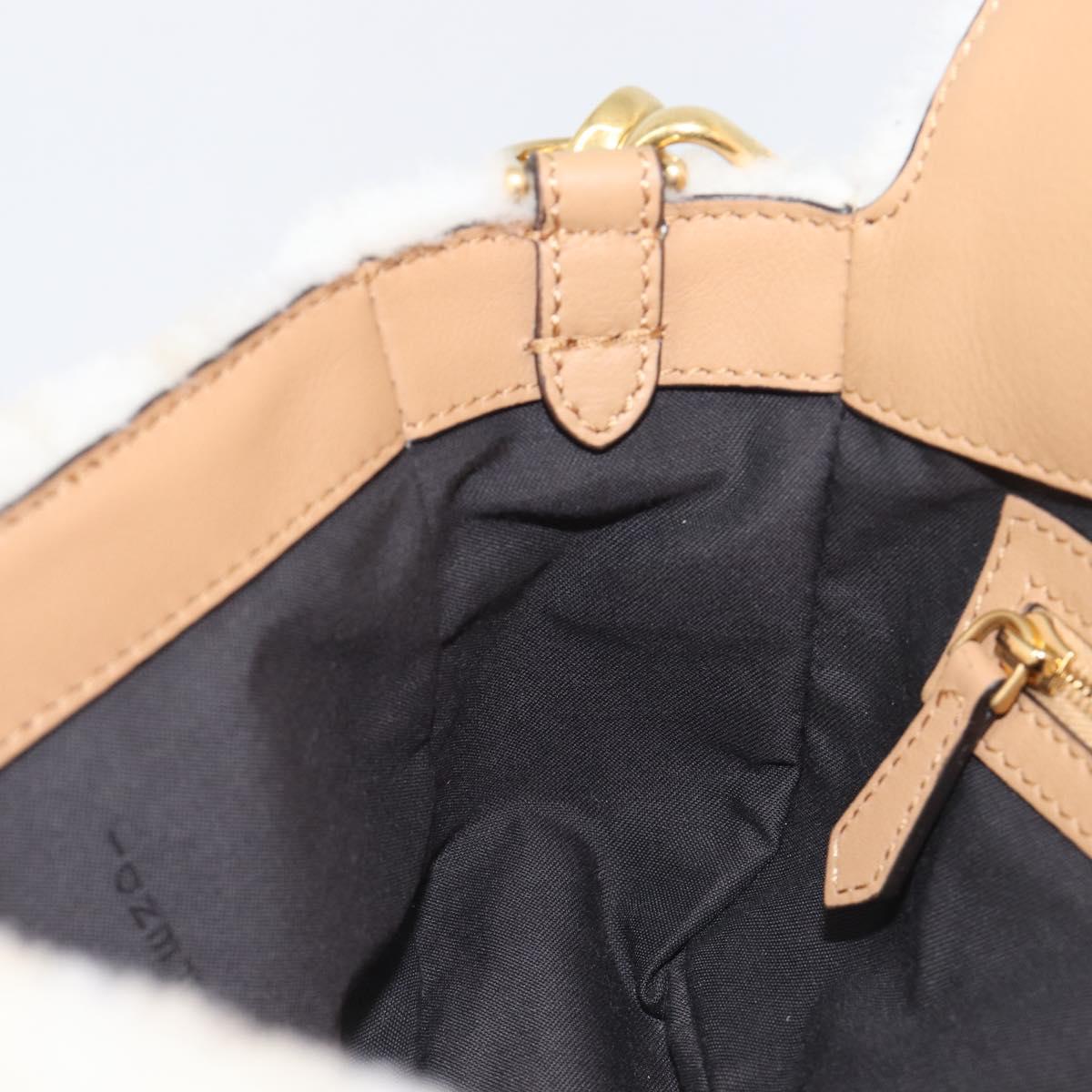 FENDI Zucca Canvas Mamma Baguette Shoulder Bag Fur 2way White Gold Auth BA15885M