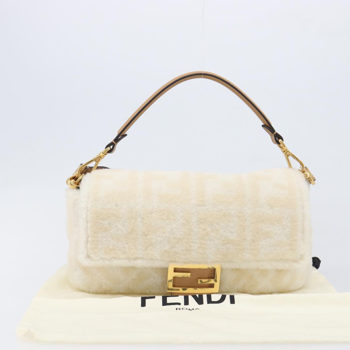 FENDI Zucca Canvas Mamma Baguette Shoulder Bag Fur 2way White Gold Auth BA15885M