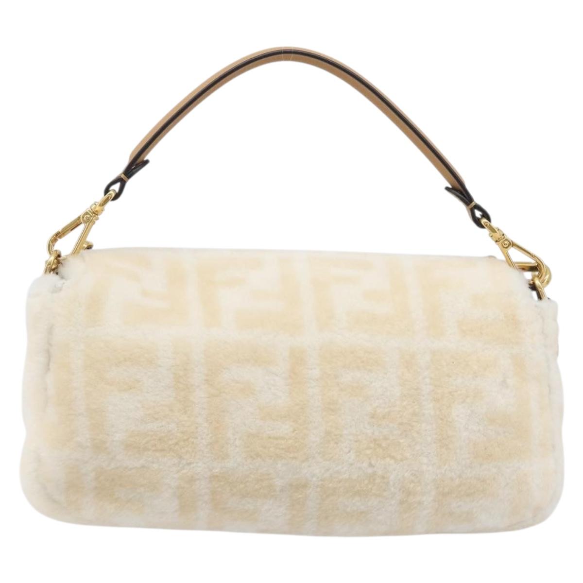 FENDI Zucca Canvas Mamma Baguette Shoulder Bag Fur 2way White Gold Auth BA15885M