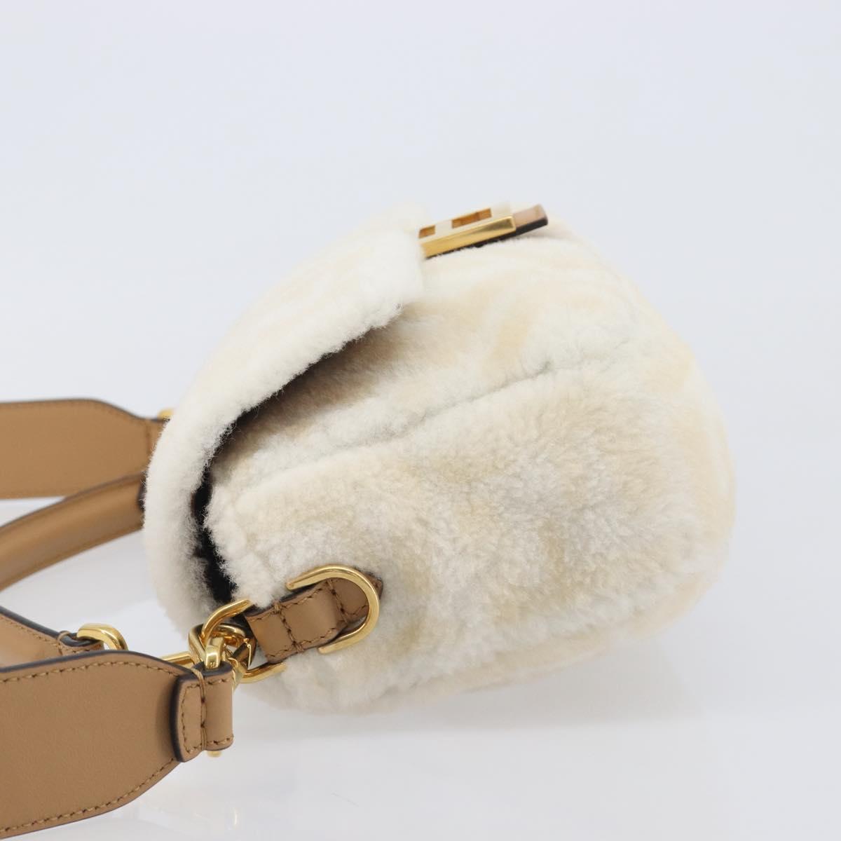 FENDI Zucca Canvas Mamma Baguette Shoulder Bag Fur 2way White Gold Auth BA15885M