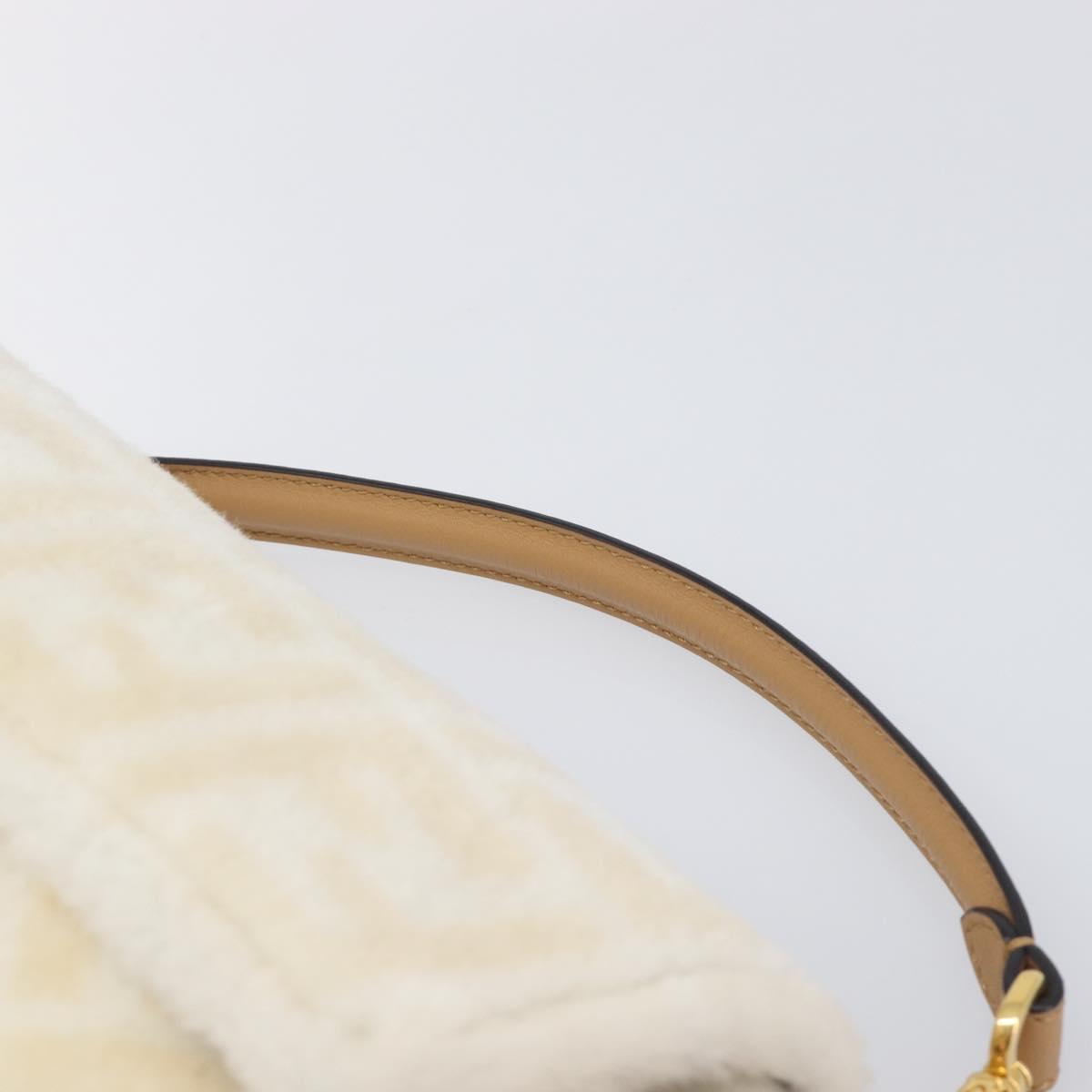 FENDI Zucca Canvas Mamma Baguette Shoulder Bag Fur 2way White Gold Auth BA15885M