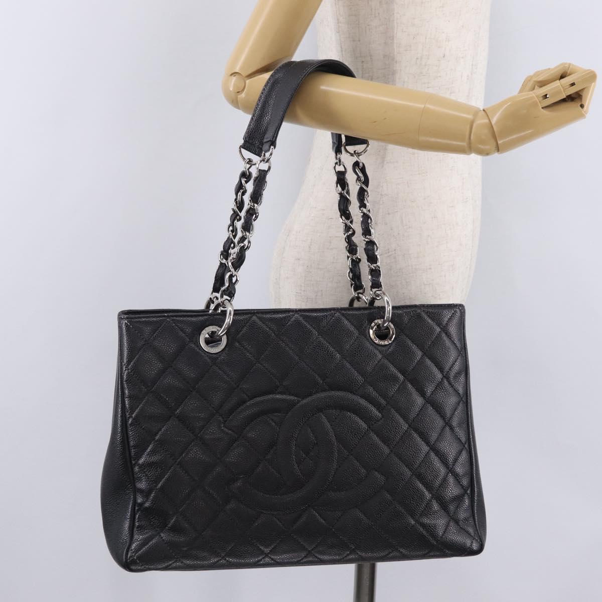 CHANEL Matelasse Chain Tote Bag Caviar Skin Black Silver CC Auth BA15924SAM