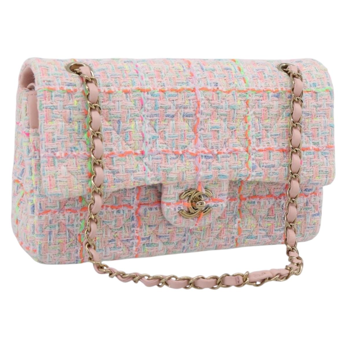 CHANEL Chain Matelasse 25 Shoulder Bag tweed Pink Gold CC Auth BA15926SM