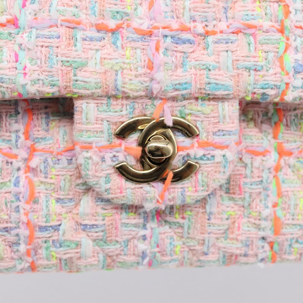 CHANEL Chain Matelasse 25 Shoulder Bag tweed Pink Gold CC Auth BA15926SM