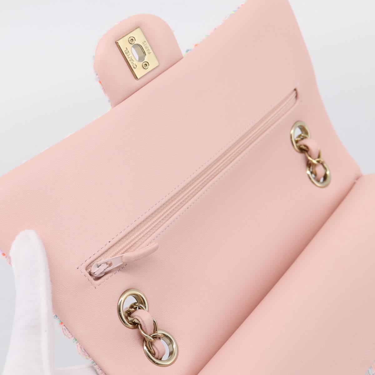 CHANEL Chain Matelasse 25 Shoulder Bag tweed Pink Gold CC Auth BA15926SM