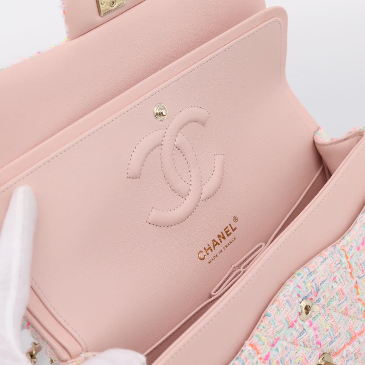 CHANEL Chain Matelasse 25 Shoulder Bag tweed Pink Gold CC Auth BA15926SM
