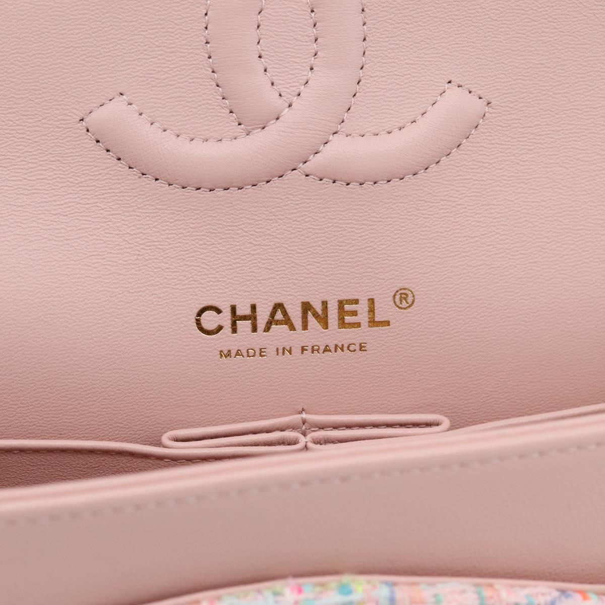 CHANEL Chain Matelasse 25 Shoulder Bag tweed Pink Gold CC Auth BA15926SM
