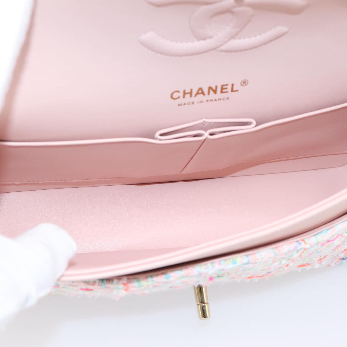 CHANEL Chain Matelasse 25 Shoulder Bag tweed Pink Gold CC Auth BA15926SM