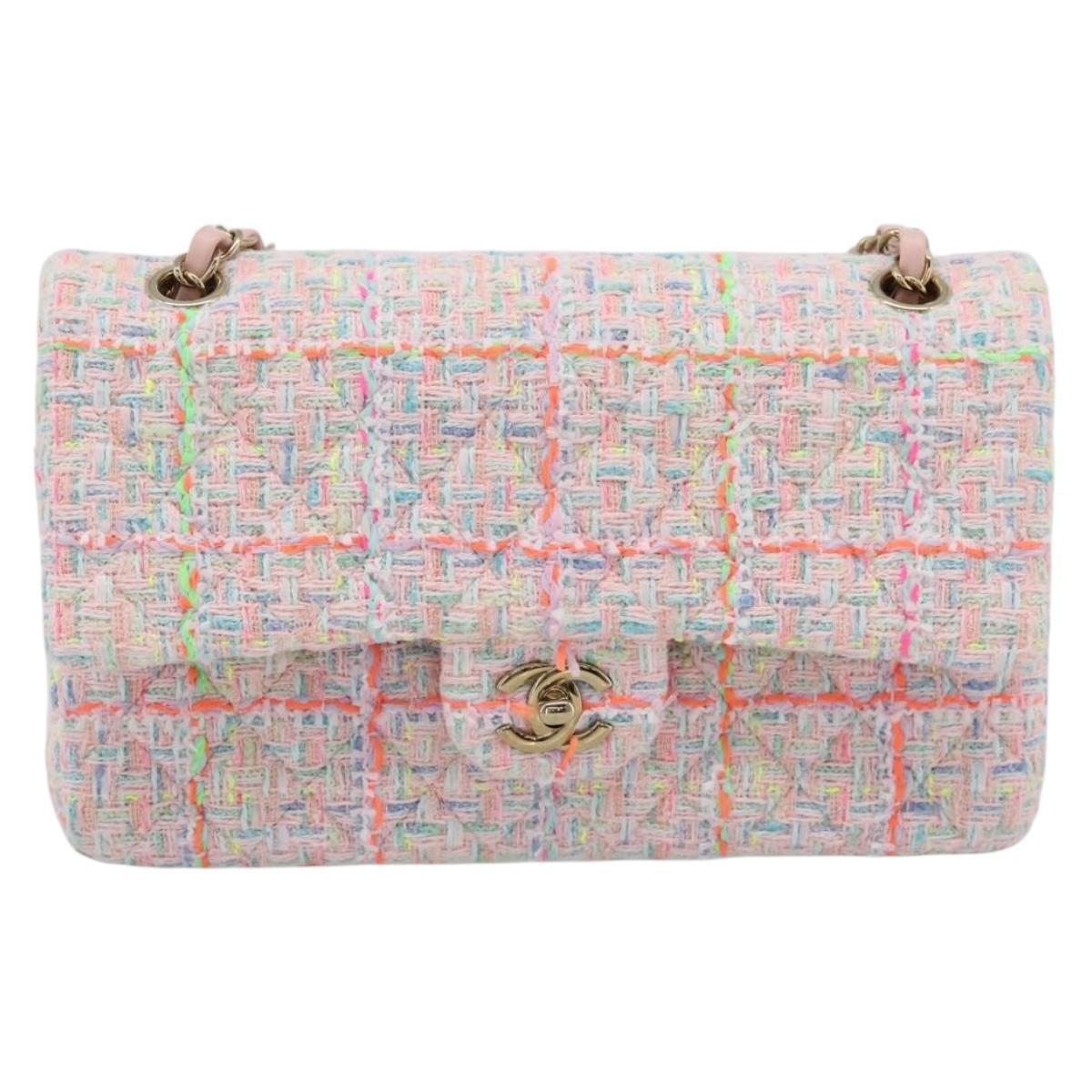 CHANEL Chain Matelasse 25 Shoulder Bag tweed Pink Gold CC Auth BA15926SM