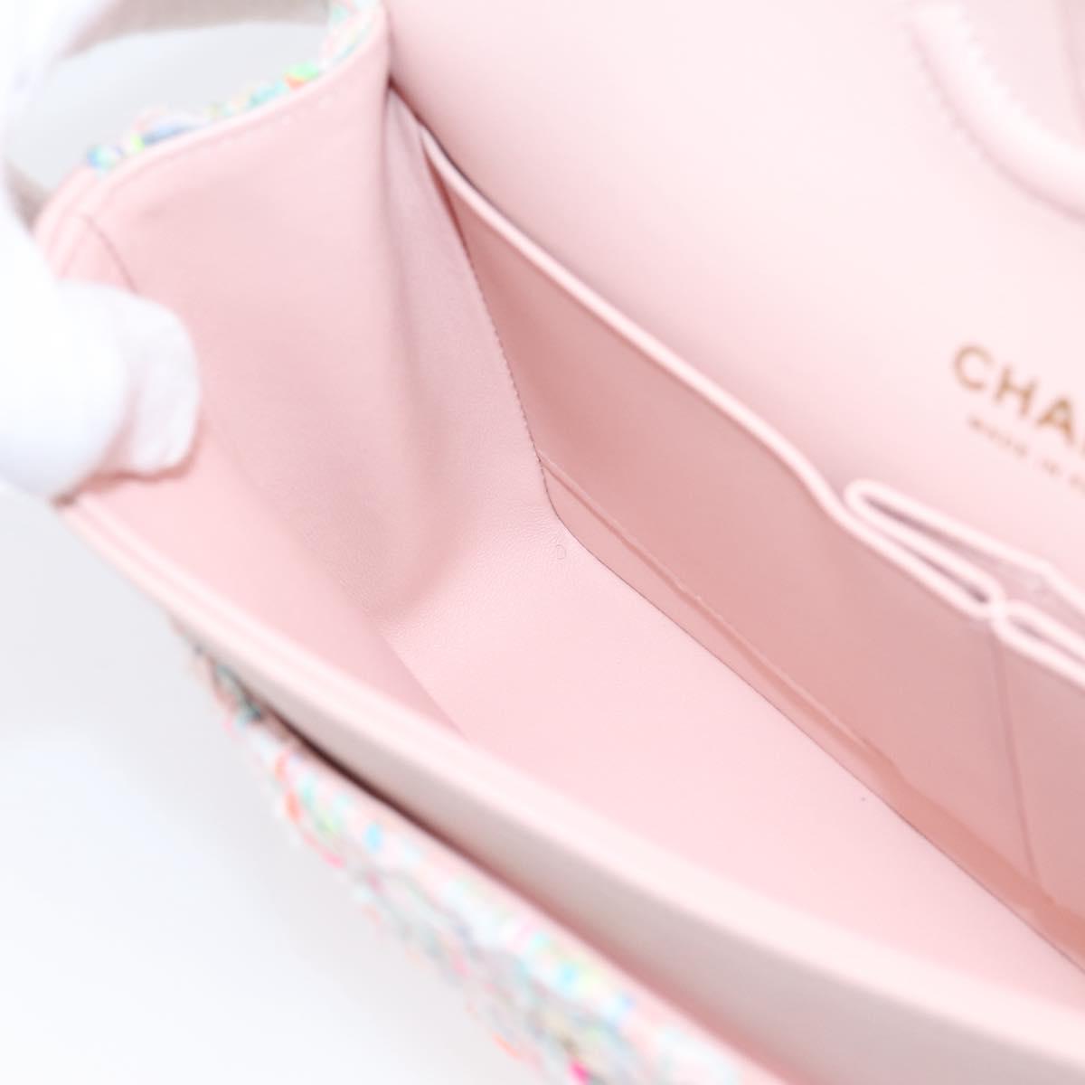 CHANEL Chain Matelasse 25 Shoulder Bag tweed Pink Gold CC Auth BA15926SM