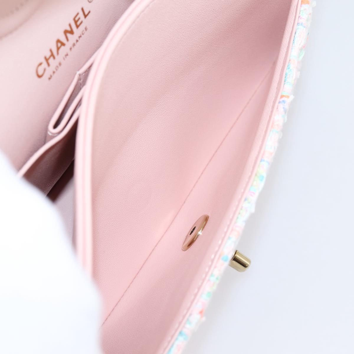 CHANEL Chain Matelasse 25 Shoulder Bag tweed Pink Gold CC Auth BA15926SM