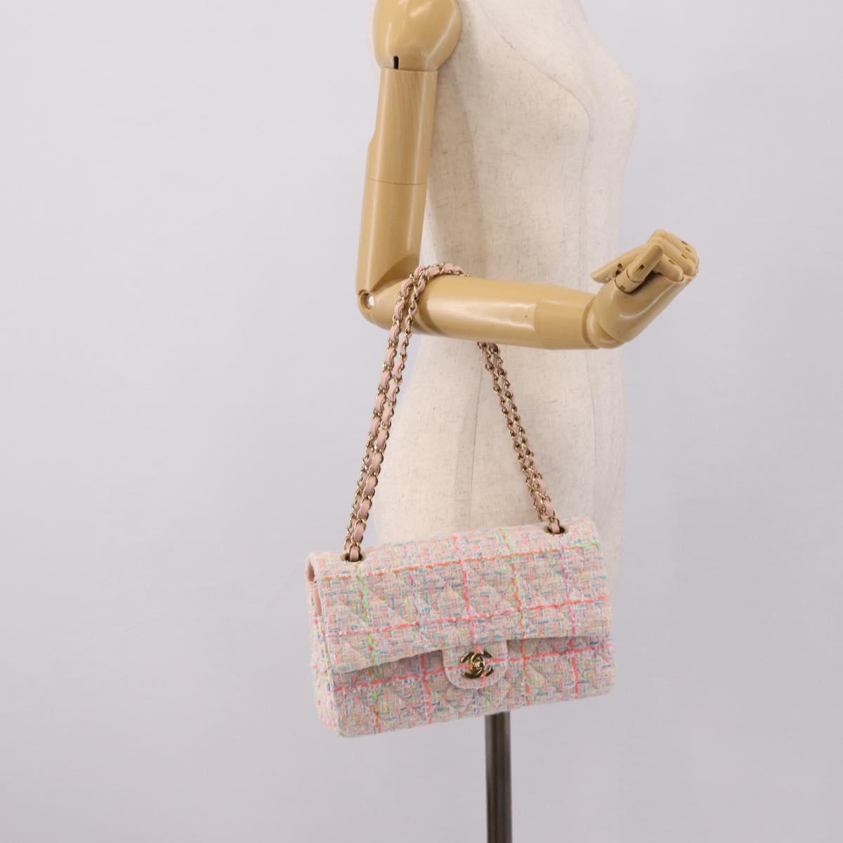 CHANEL Chain Matelasse 25 Shoulder Bag tweed Pink Gold CC Auth BA15926SM