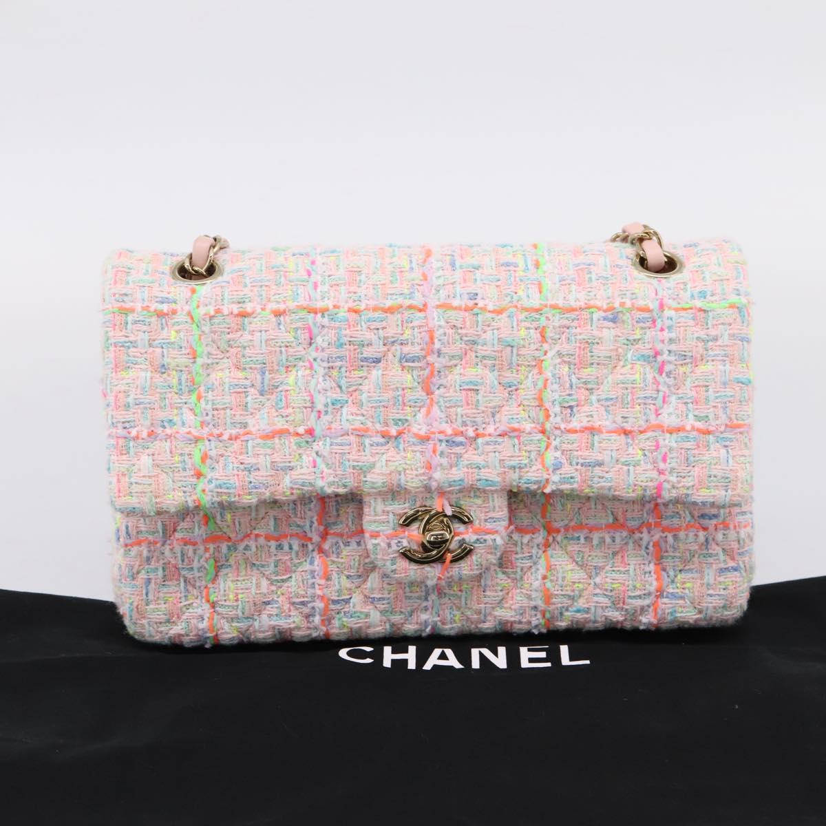 CHANEL Chain Matelasse 25 Shoulder Bag tweed Pink Gold CC Auth BA15926SM