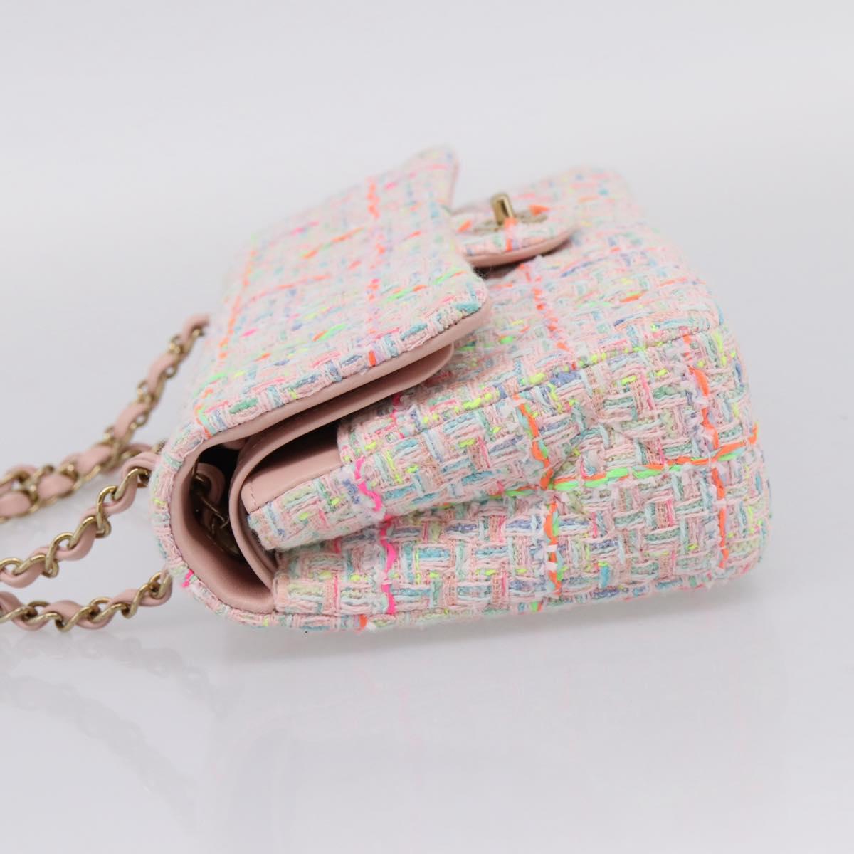 CHANEL Chain Matelasse 25 Shoulder Bag tweed Pink Gold CC Auth BA15926SM