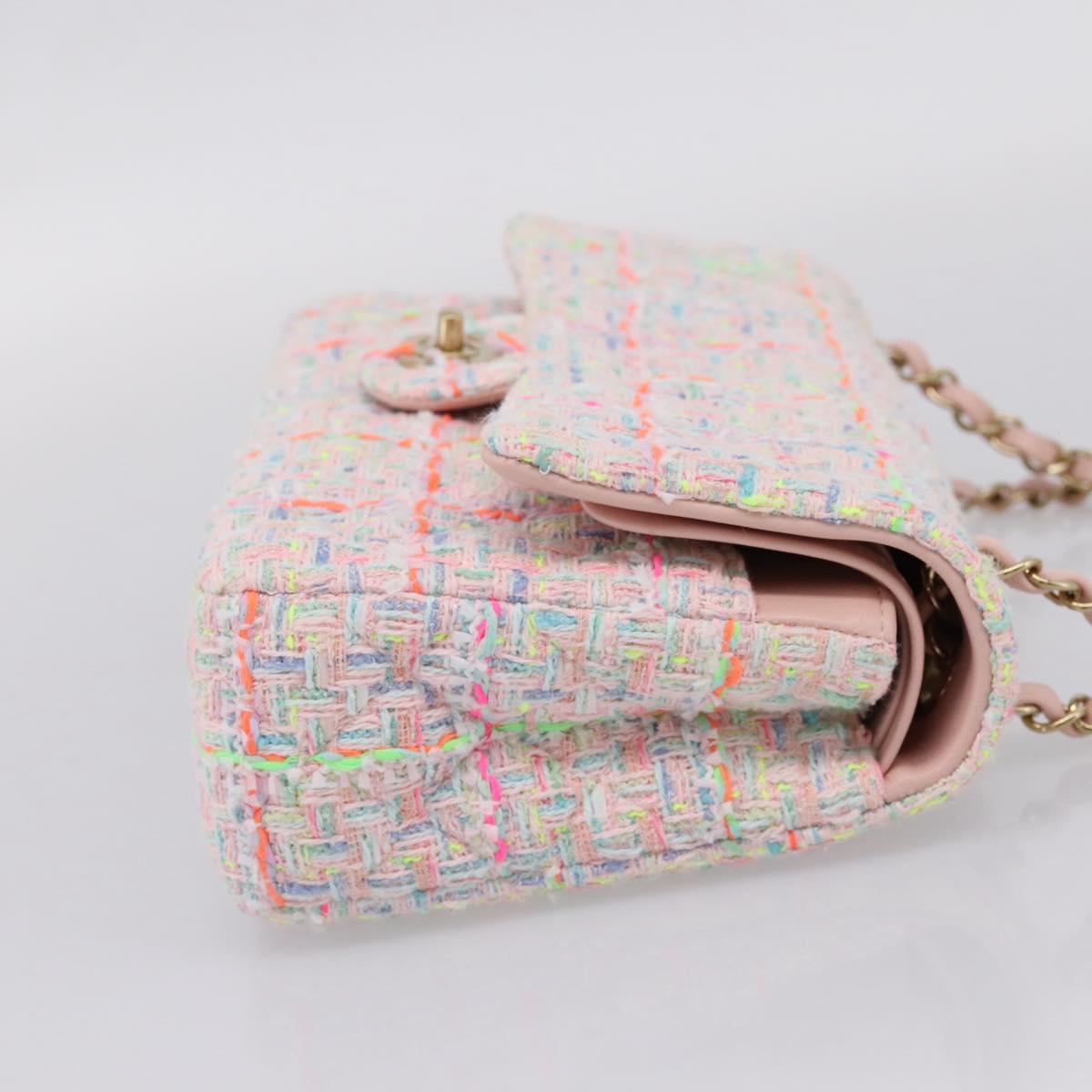 CHANEL Chain Matelasse 25 Shoulder Bag tweed Pink Gold CC Auth BA15926SM