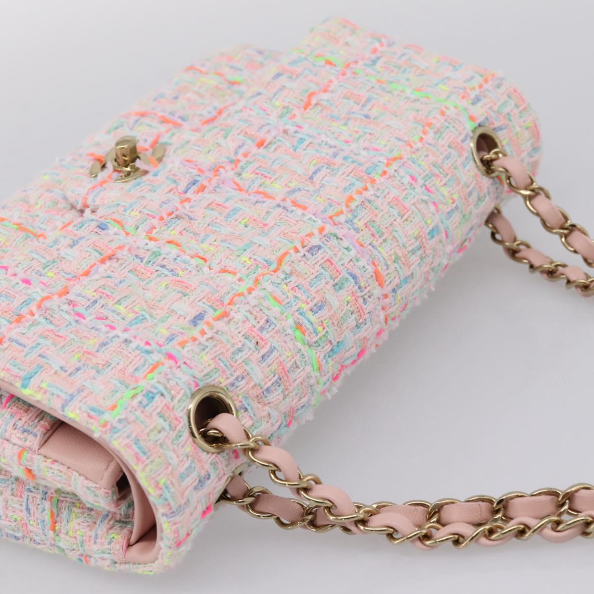 CHANEL Chain Matelasse 25 Shoulder Bag tweed Pink Gold CC Auth BA15926SM