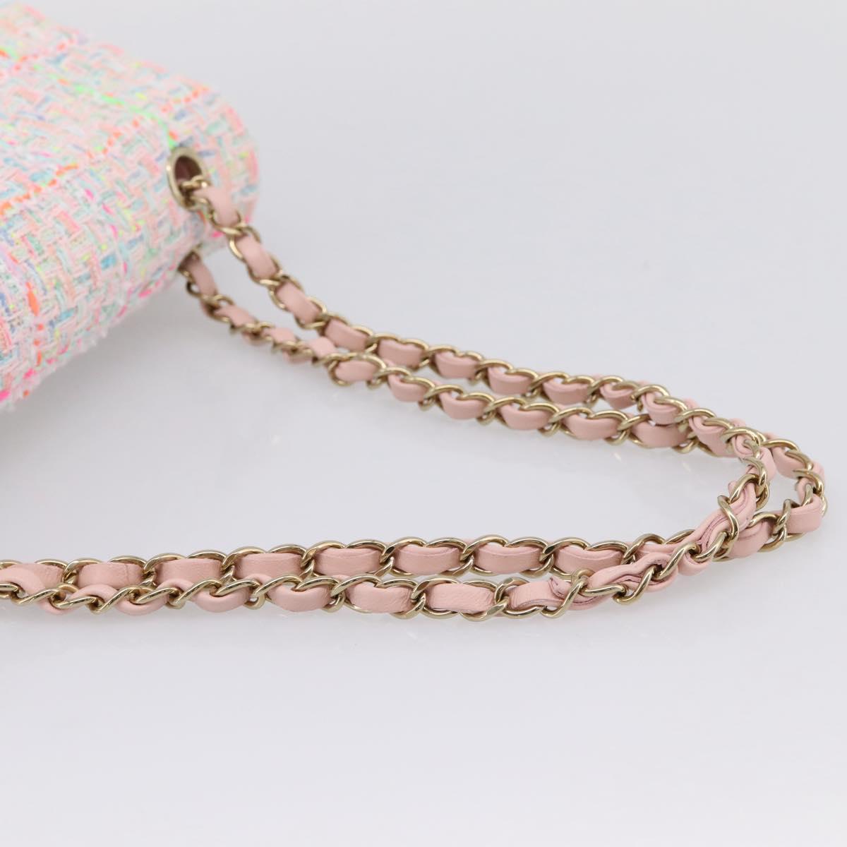 CHANEL Chain Matelasse 25 Shoulder Bag tweed Pink Gold CC Auth BA15926SM