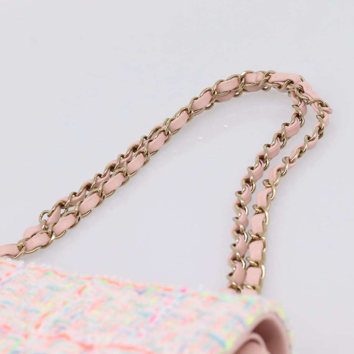 CHANEL Chain Matelasse 25 Shoulder Bag tweed Pink Gold CC Auth BA15926SM