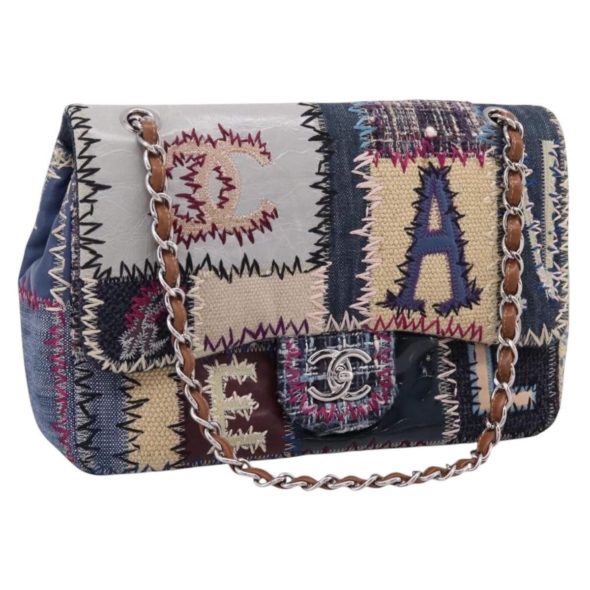 CHANEL Chain Limited Edition Patchwork Bag Denim Blue Silver CC Auth BA15927SM