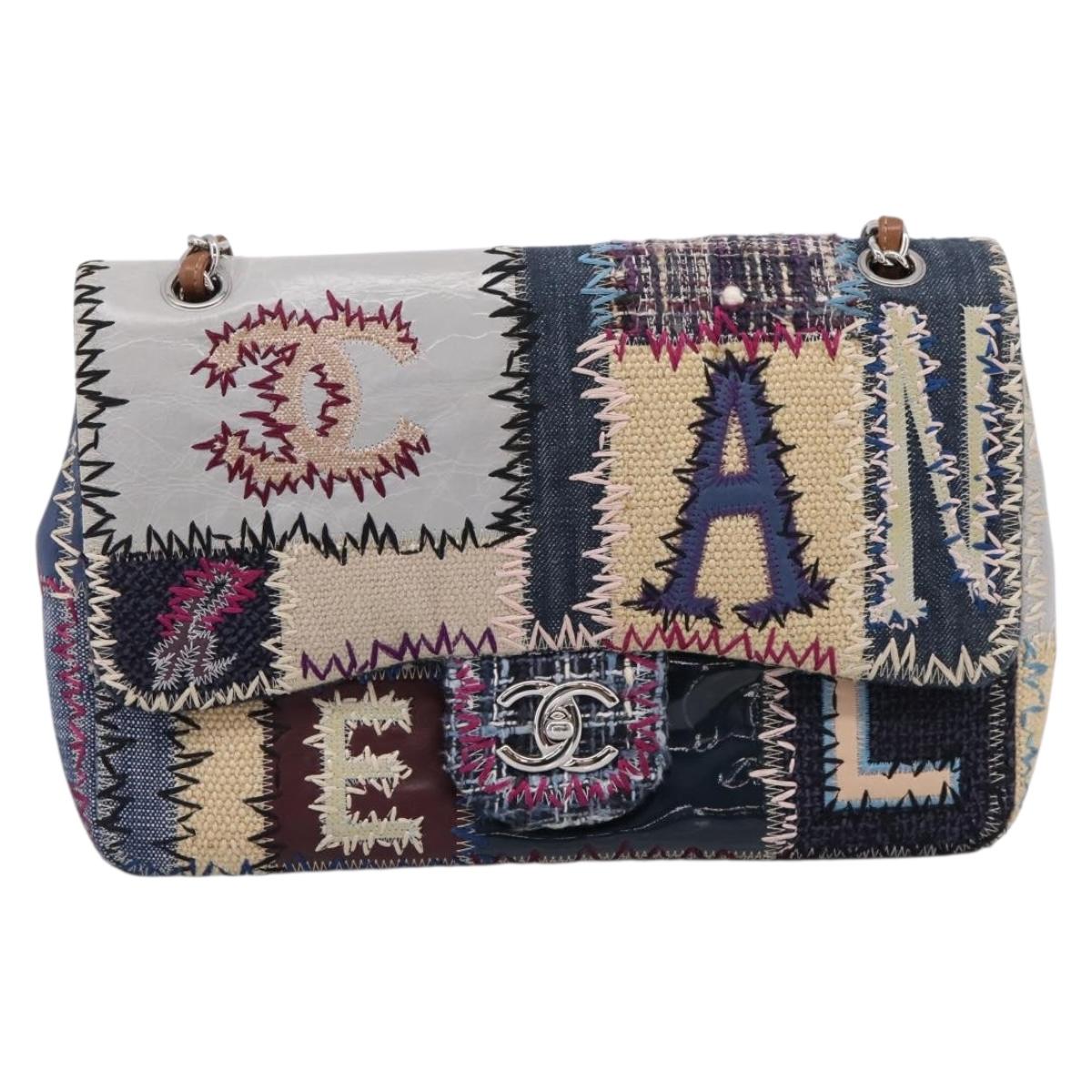 CHANEL Chain Limited Edition Patchwork Bag Denim Blue Silver CC Auth BA15927SM