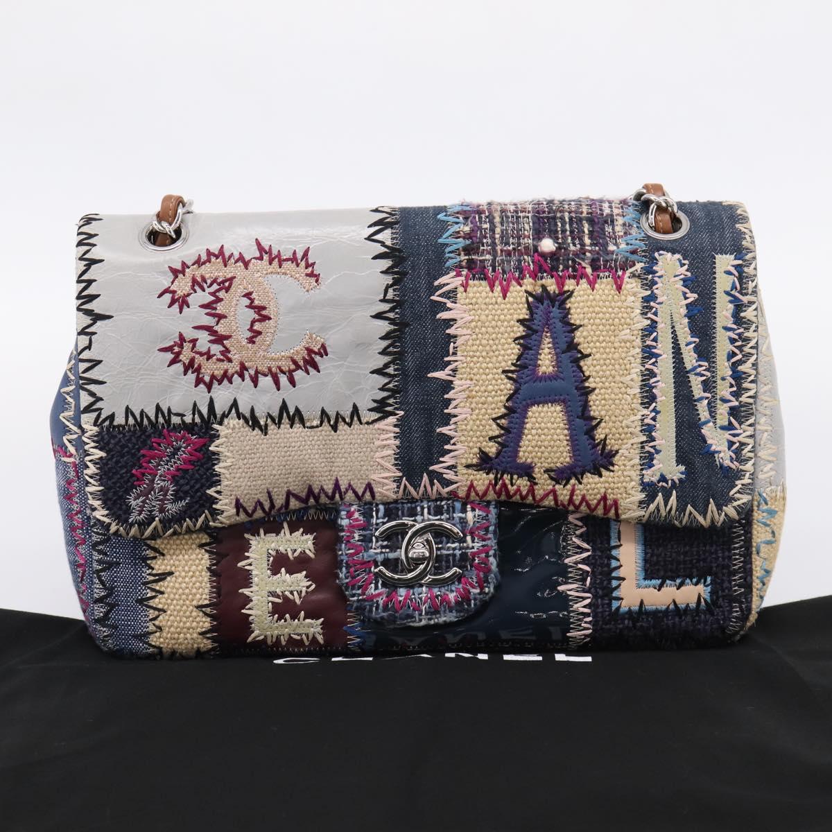 CHANEL Chain Limited Edition Patchwork Bag Denim Blue Silver CC Auth BA15927SM