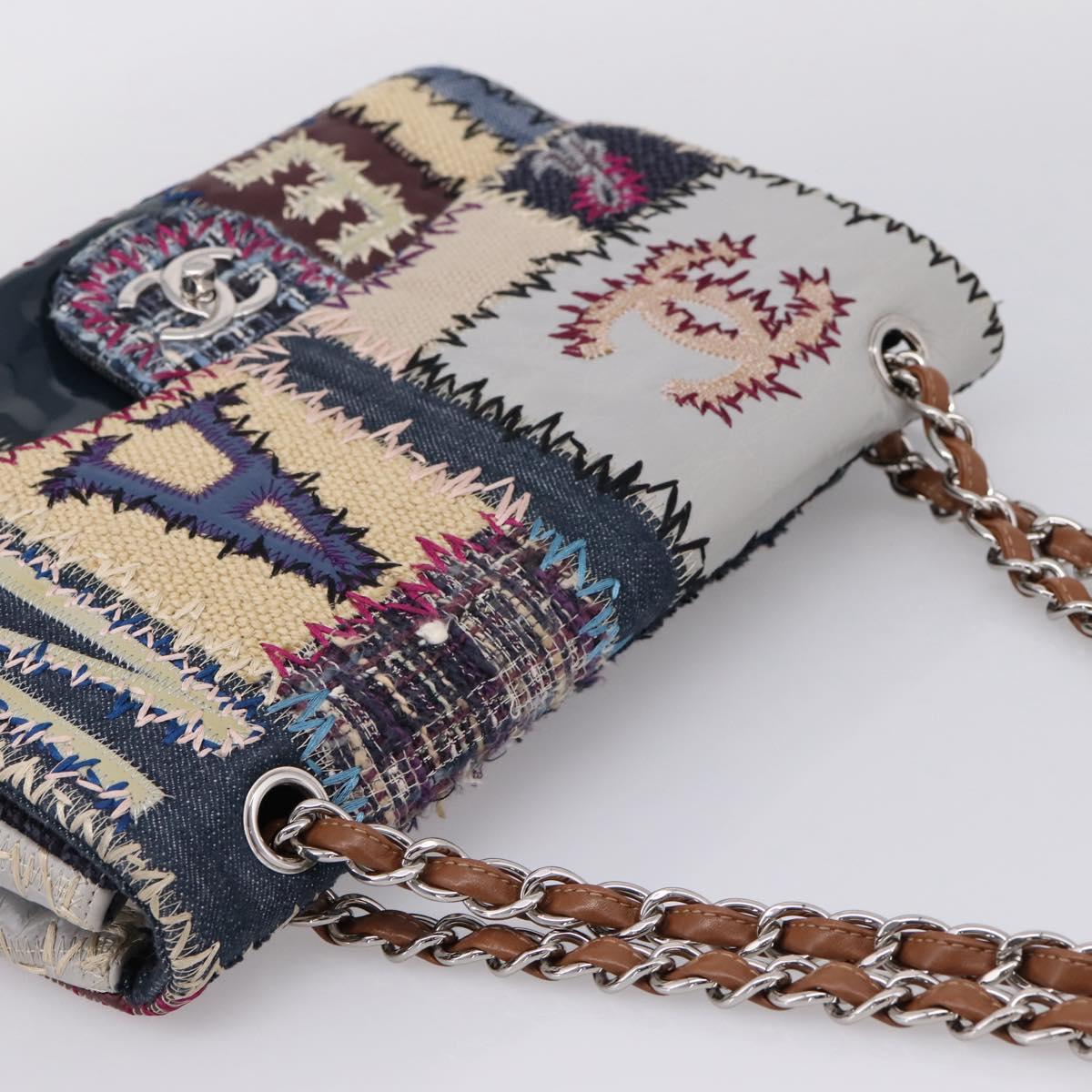 CHANEL Chain Limited Edition Patchwork Bag Denim Blue Silver CC Auth BA15927SM