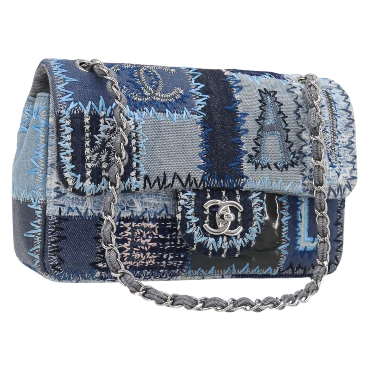 CHANEL Chain Limited Edition Patchwork Bag Denim Blue Silver CC Auth BA15929SM