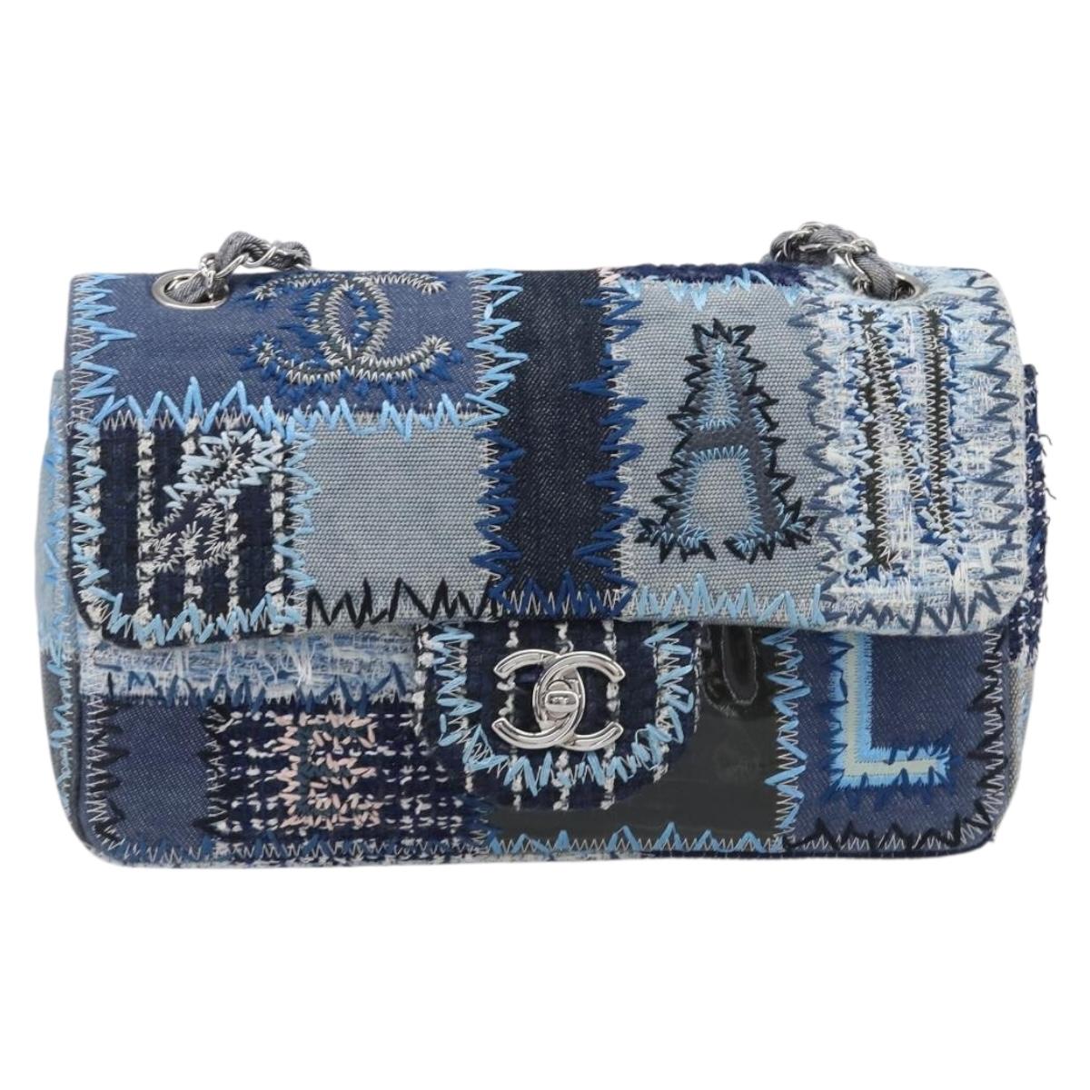 CHANEL Chain Limited Edition Patchwork Bag Denim Blue Silver CC Auth BA15929SM